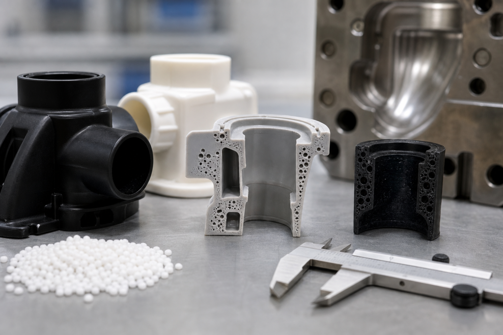 Injection molded plastic parts with internal bubble void defects, resin pellets, mold insert and calipers for troubleshooting