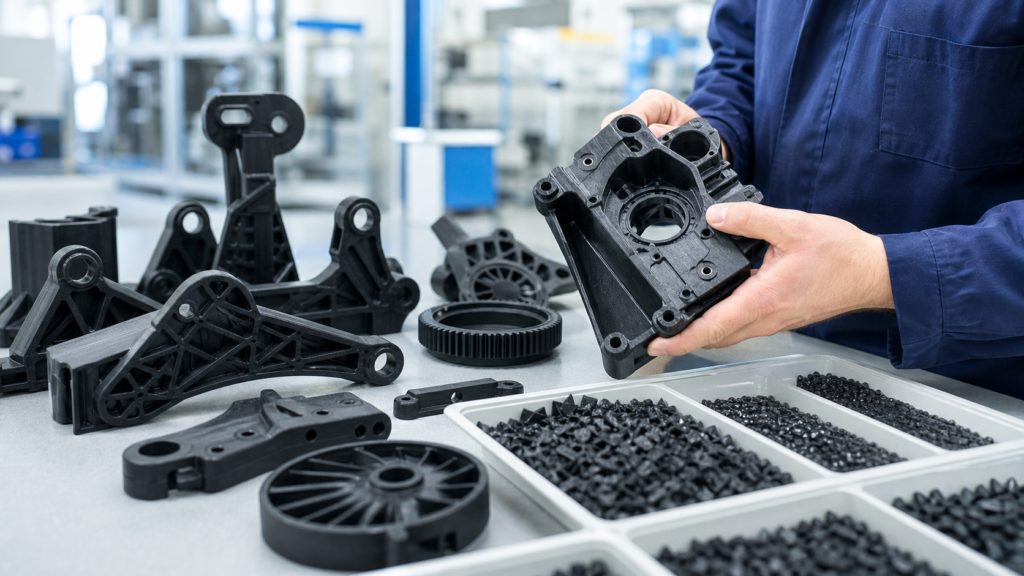 Carbon fiber nylon parts reviewed on an industrial workbench for B2B supplier selection