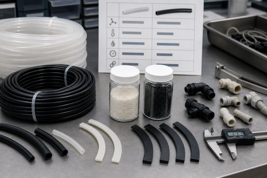 PA11 and PA12 nylon tubing, molded connectors, pellets and flexible fuel line samples