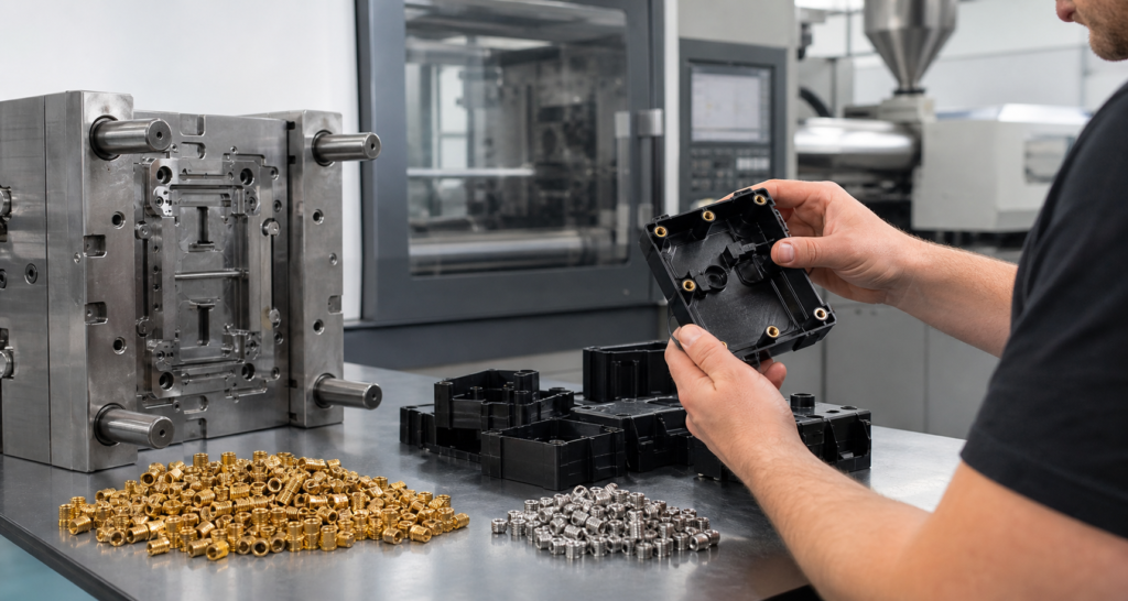 Metal insert molding setup with plastic housings, mold tooling and threaded inserts in a production workshop