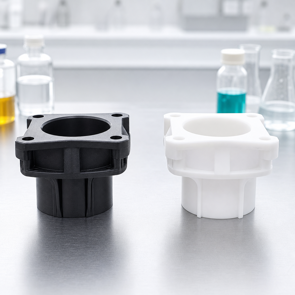 Nylon and white acetal POM parts on a laboratory bench for a chemical resistance comparison