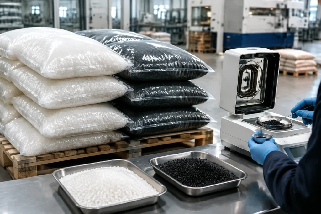 Quality engineer inspecting sealed nylon granule bags and resin samples at receiving