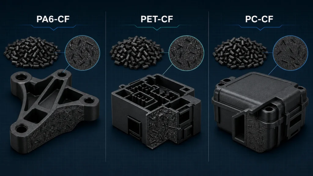 PA6-CF vs PET-CF vs PC-CF: окончательное руководство по выбору жесткого материала для 3D-печати PA6-CF vs PET-CF vs PC-CF carbon fiber composite materials and molded parts