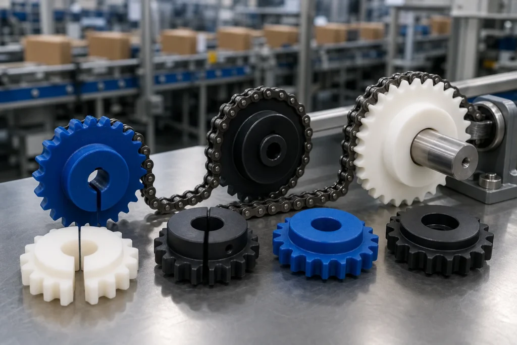 Solid and split plastic sprockets in nylon and engineering plastics with compatible roller chain