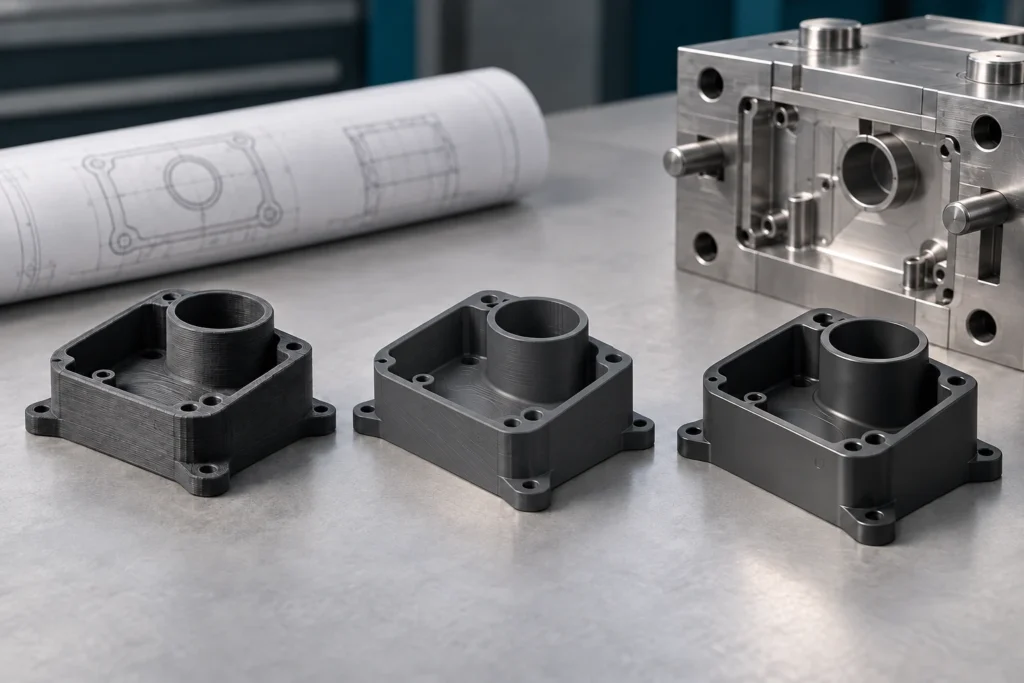 Three plastic housing versions beside a drawing and injection mold